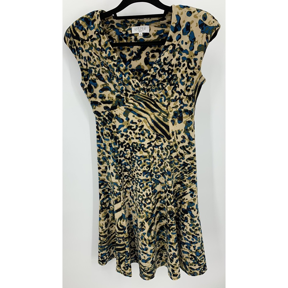 Kasper Sheath Dress Size 6 Animal Cheetah Leopard Print V-Neck Stretch Knit